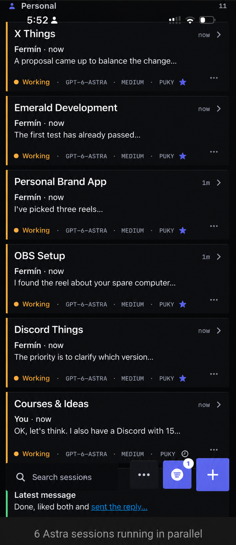 Six parallel Astra sessions in Fermín Code on my iPhone, including Emerald development, content and community projects